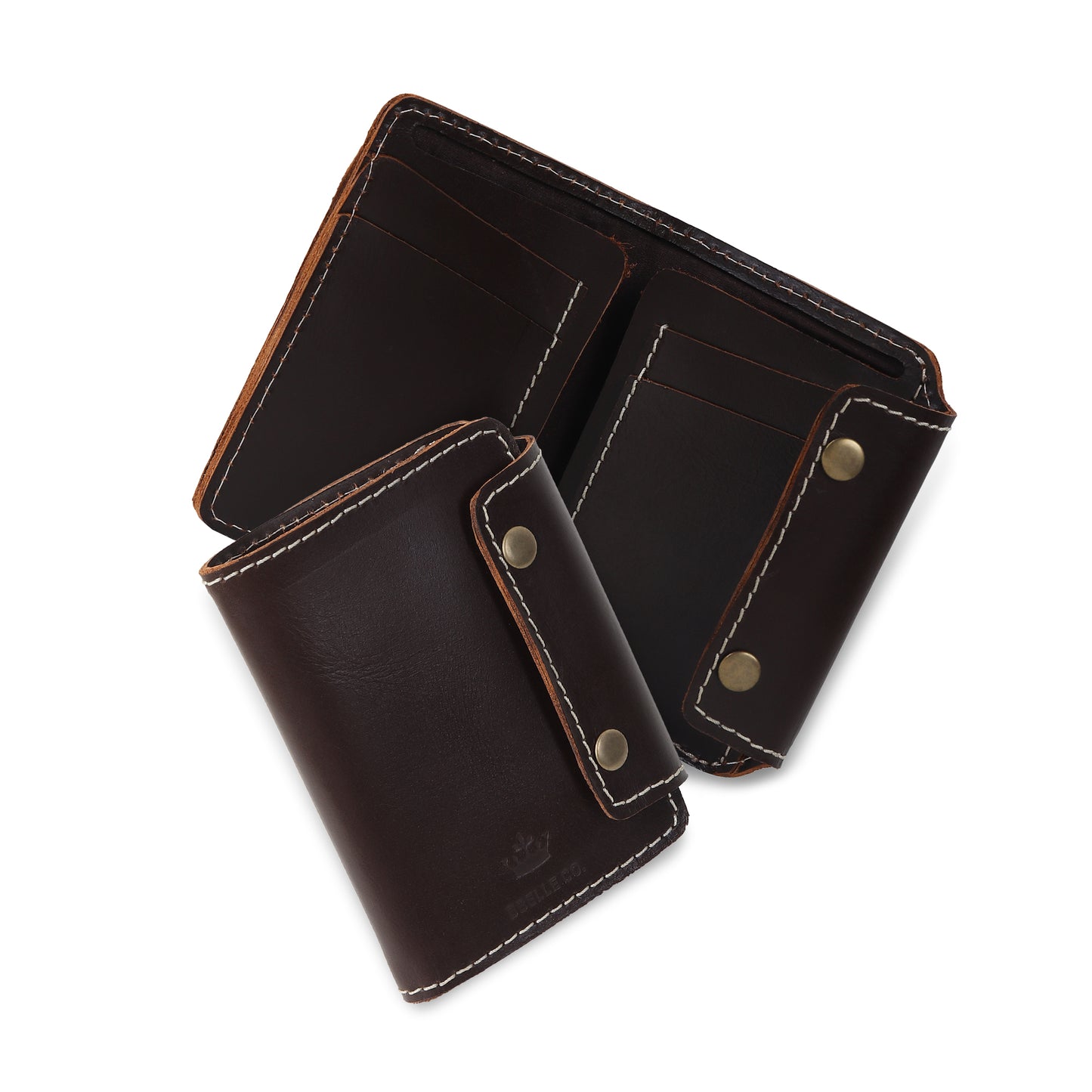 BBELLE CO. Sleek and sturdy snap button closures wallet| Handmade & raw leather wallet| Genuine cognac crunch leather wallet