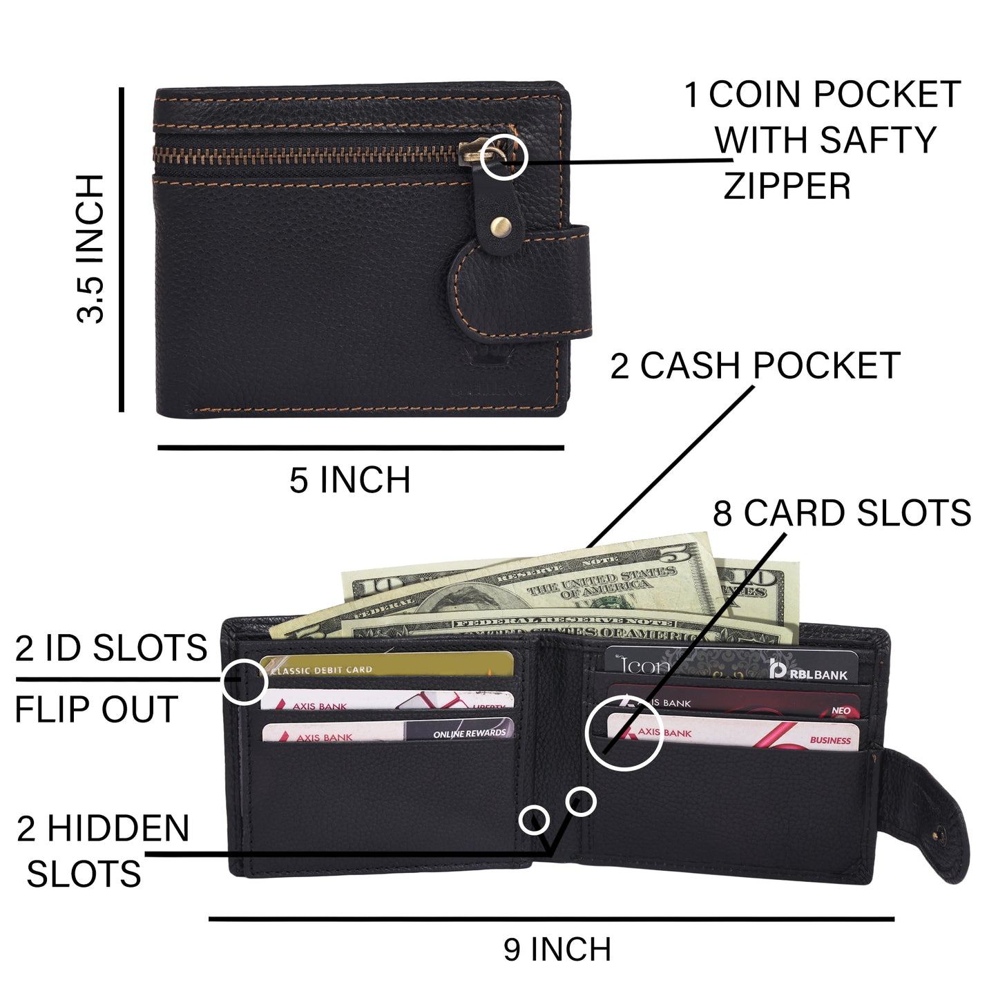 BBELLE CO Vertical Dual Zip Wallet with Card Slots, Original Leather Purses for Men, Leather Wallet