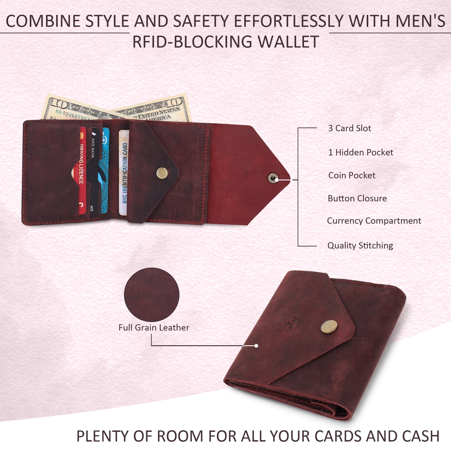 BBELLE CO. Sleek and Sturdy snap Button Closures Wallet| Handmade & raw Leather Wallet| Genuine Cognac Crunch Leather Wallet