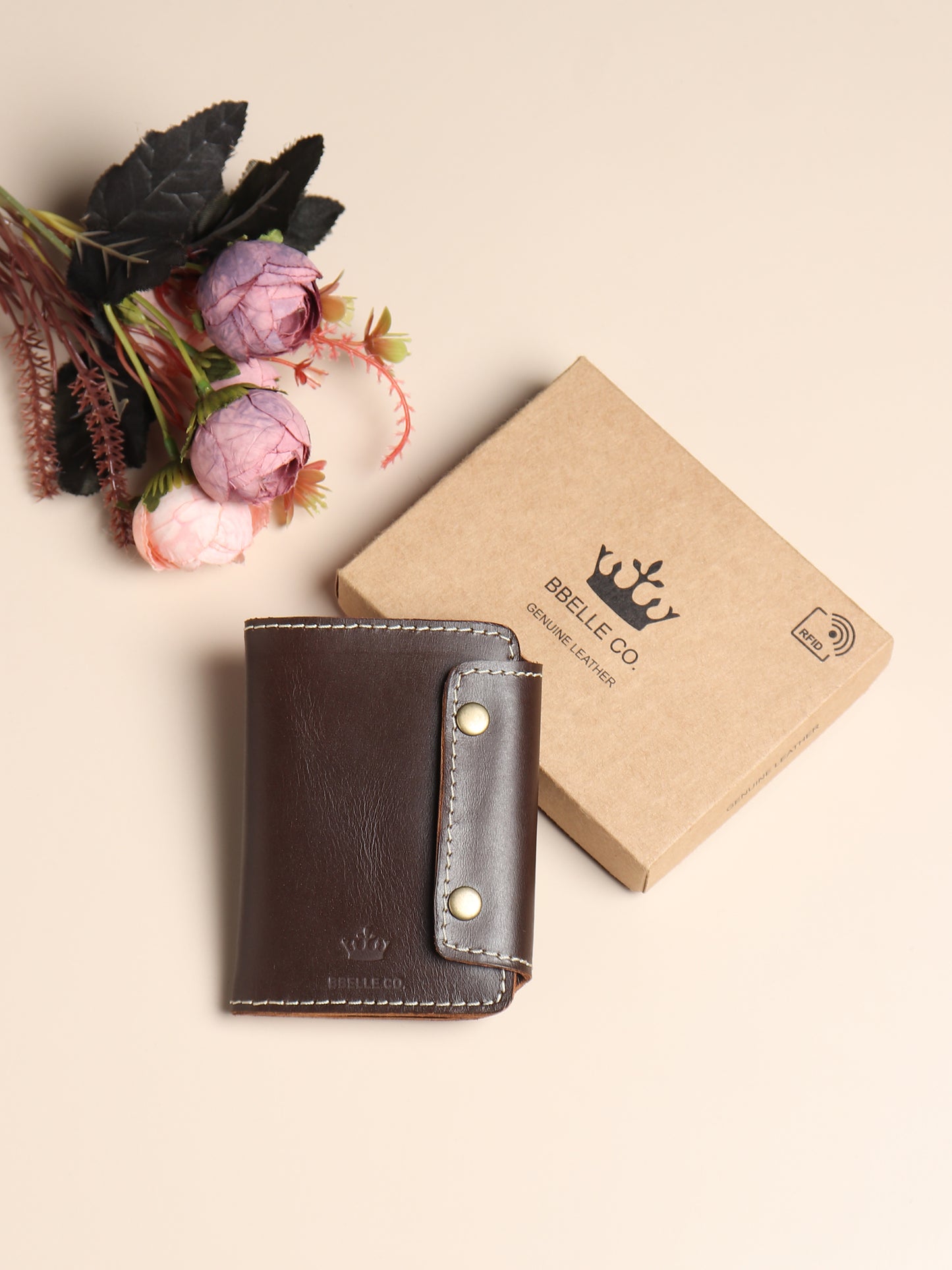 BBELLE CO. Sleek and sturdy snap button closures wallet| Handmade & raw leather wallet| Genuine cognac crunch leather wallet